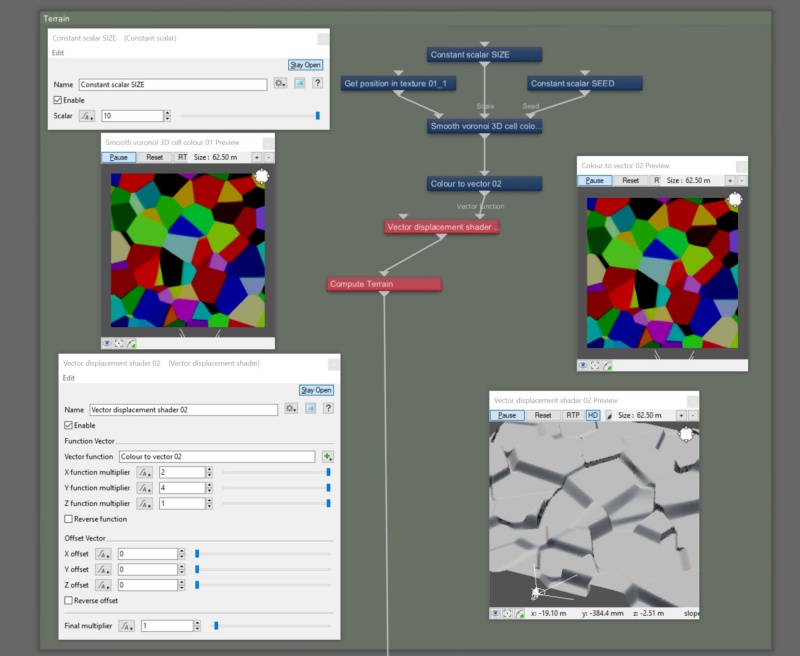 Node network view of Smooth voronoi colour function node assigned to a Colour to vector node, then displaced with Vector displacement shader.