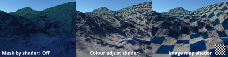 A Colour adjustment shader and Image map shader assigned as a mask to the surface layer.