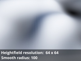 Heightfield resolution 64 x 64. Smooth radius = 100.