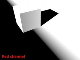 The red channel or X axis of the ground and uv mapped cube object with the Visualise tex coords node enabled.