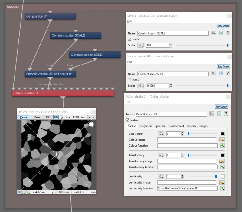 Node Network view of Smooth Voronoi 3D Cell Scalar with required node for position in texture space, and optional nodes to drive scale and seed values.