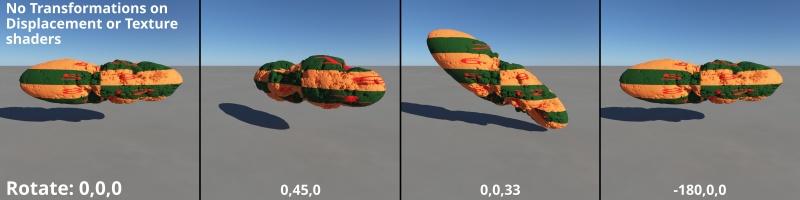 Examples of various Rotate values on each axis, without a Transform shader.  Note how the texture and displacement do not stick to the Sphere geometry.