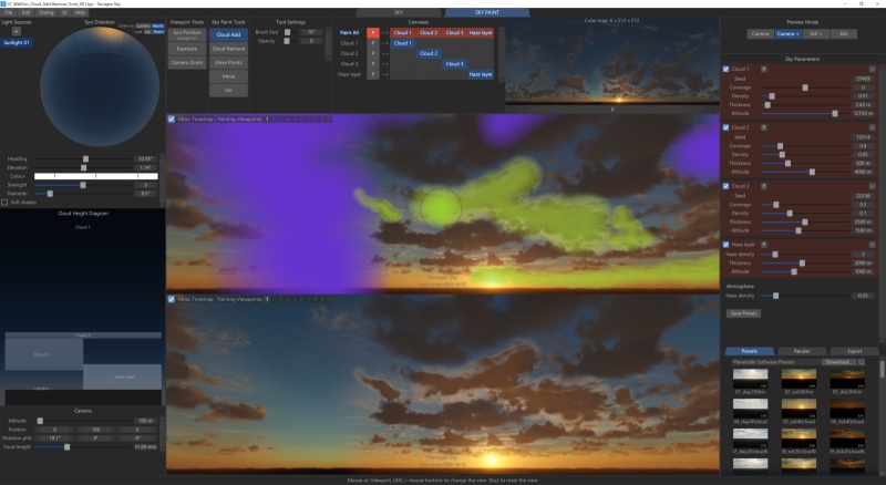 Brush strokes painted with the Cloud Add tool appear green.  Strokes painted with the Cloud Remove tool are coloured purple.