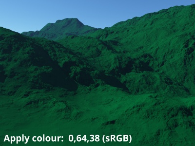 In this example the Apply colour is set to sRGB 0,64,38 and the Colour function is empty, therefore the terrain takes on the Apply colour value.