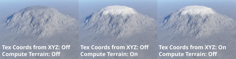 When the Tex Coord from XYZ node or the Compute Terrain node is enabled, surface shaders have access to the displacement altitudes.