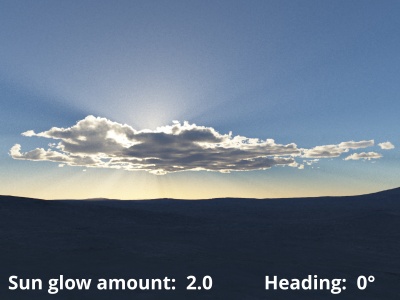 Sun glow amount = 2.0 (default), Sun heading = 0 degrees.
