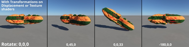 Examples of various Rotate values on each axis, with a Transform shader also applied downstream from its Surface shader node.  Note how the texture and displacement stick to the Sphere geometry.