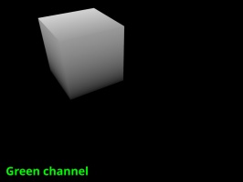 The green channel or Y axis of the ground and uv mapped cube object with the Visualise tex coords node enabled.
