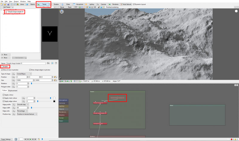 Start by disabling the Simple shape shader that flattens the terrain in the default Terragen project.
