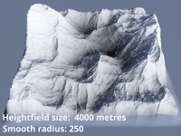 Heightfield size = 4000 metres, Smooth radius = 250.