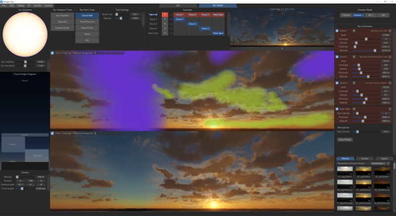 Brush strokes painted with the Cloud Add tool appear green.  Strokes painted with the Cloud Remove tool are coloured purple.