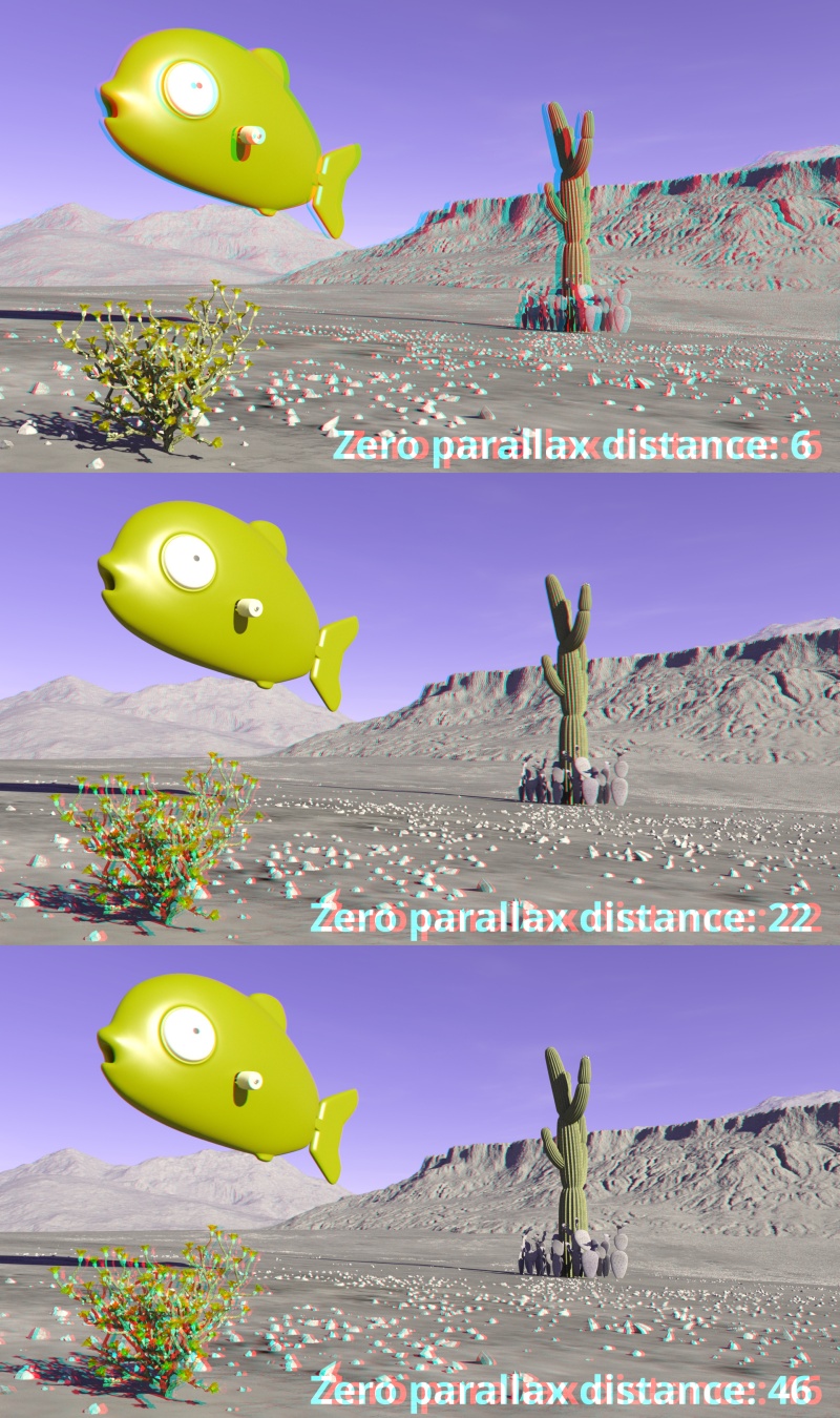 The Zero parallax distance sets the point at which terrain features or 3D objects in the render have no parallax.
