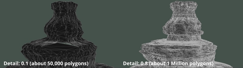 Comparison of the geometry exported from the procedural terrain at different Detail values.