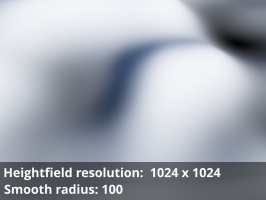 Heightfield resolution 1024 x 1024. Smooth radius = 1000.