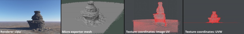 Examples of the terrain geometry mapped into the UV texture coordinate space from a perspective camera’s point of view.