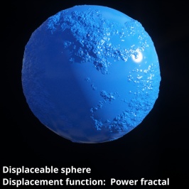 Displaceable 3D sphere object with Power fractal shader assigned to Displacement function setting.
