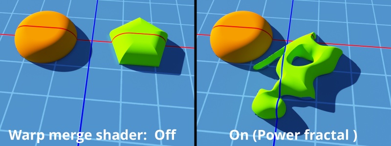The green polygon shape is a Simple shape shader assigned to the Warp merge shader’s Shader input and a Power fractal shader has been fed into a Vector displacement node and assigned as the Warper input.  This warps the shape of the green polygon, while leaving the rest of the terrain features untouched.