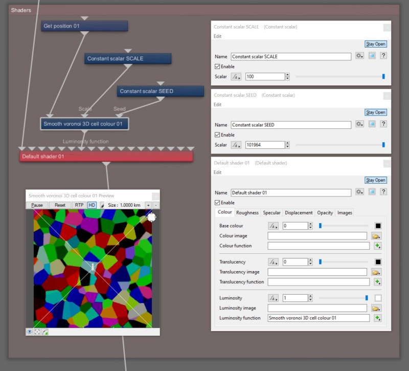 Node Network view of Smooth Voronoi 3D Cell Colour with required node for position in texture space, and optional nodes to drive scale and seed values.