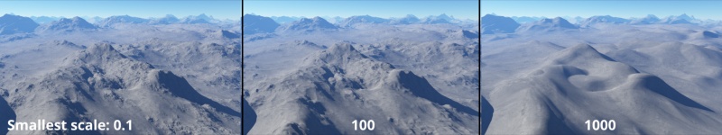 Smallest scale values on terrain at 0.1, 100 and 1000 metres.
