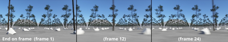 Motion blur Position set to End on frame. Note how the motion blur appears to be absent on frame 1, due to there being no keyframe animation before this frame.